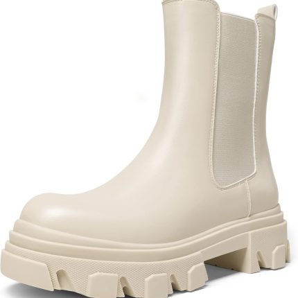Women Platform Chelsea Boots Lug Sole Combat Mid Calf Slip On Chunky Ankle Booties
