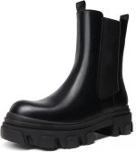 Women Platform Chelsea Boots Lug Sole Combat Mid Calf Slip On Chunky Ankle Booties