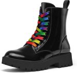 Women Combat Boots Lace-Up Platform Ankle Booties Chunky Low Heel Side Zipper Shoes